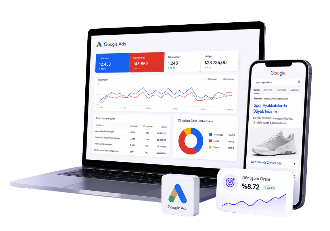 Google Ads ve SEO çözümlerimizle hedef kitlenize doğru zamanda ulaşın, reklam bütçenizi verimli yönetin.
