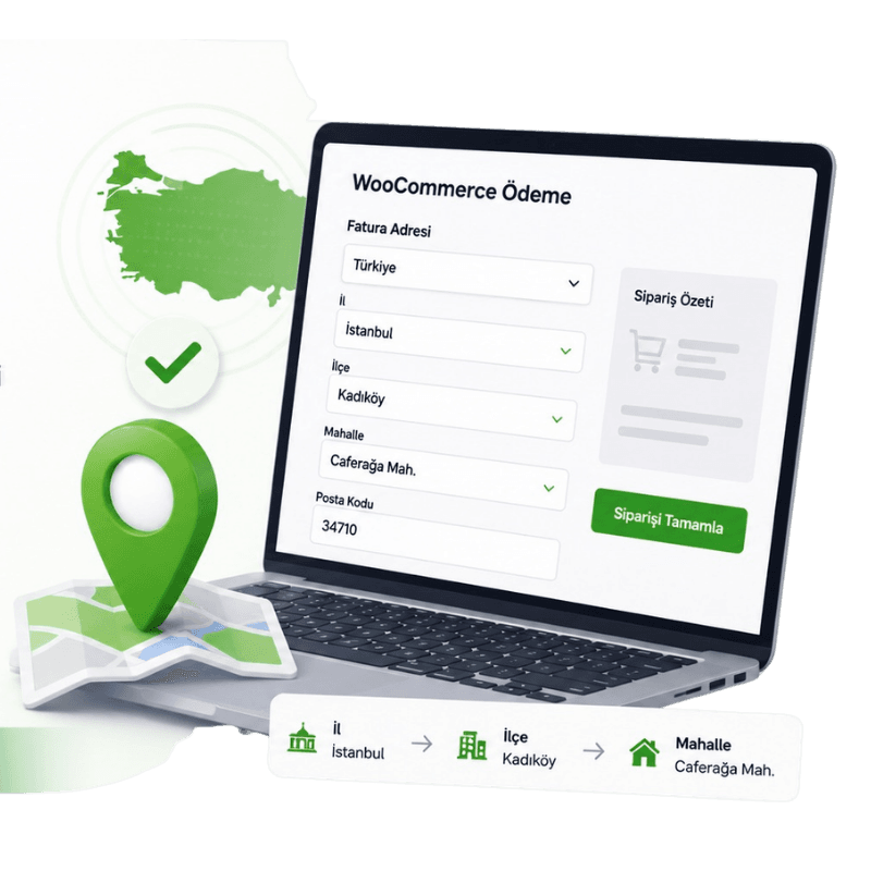 Sistemsel Woo Türkiye Adres, WooCommerce checkout sürecini Türkiye adres sistemine uygun hale getirmek için geliştirilmiş profesyonel bir WordPress eklentisidir.