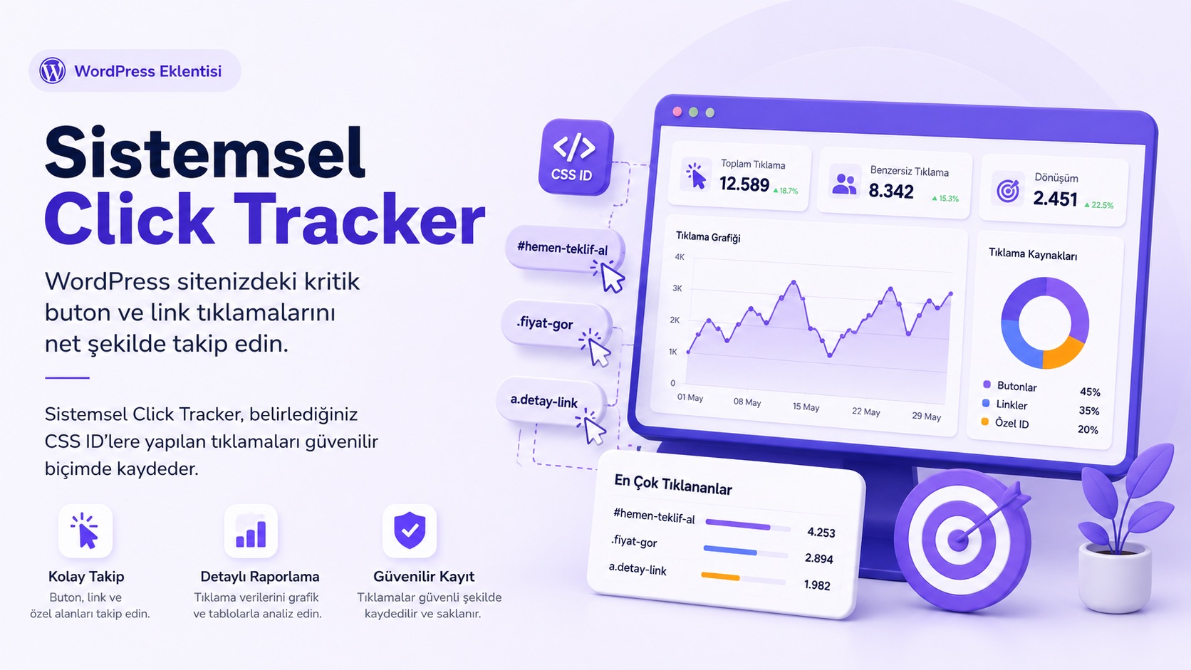 Sistemsel Click Tracker ile WordPress sitenizdeki buton, link ve özel CSS ID tıklamalarını takip edin. Dönüşüm odaklı analiz ve detaylı tıklama raporları oluşturun.