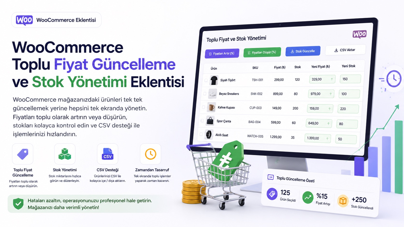 WooCommerce mağazanızdaki ürün fiyatlarını ve stoklarını tek ekrandan yönetin. Toplu fiyat güncelleme, stok düzenleme, CSV içe/dışa aktarma ve hızlı ürün yönetimi özellikleriyle mağazanızı profesyonel hale getirin.