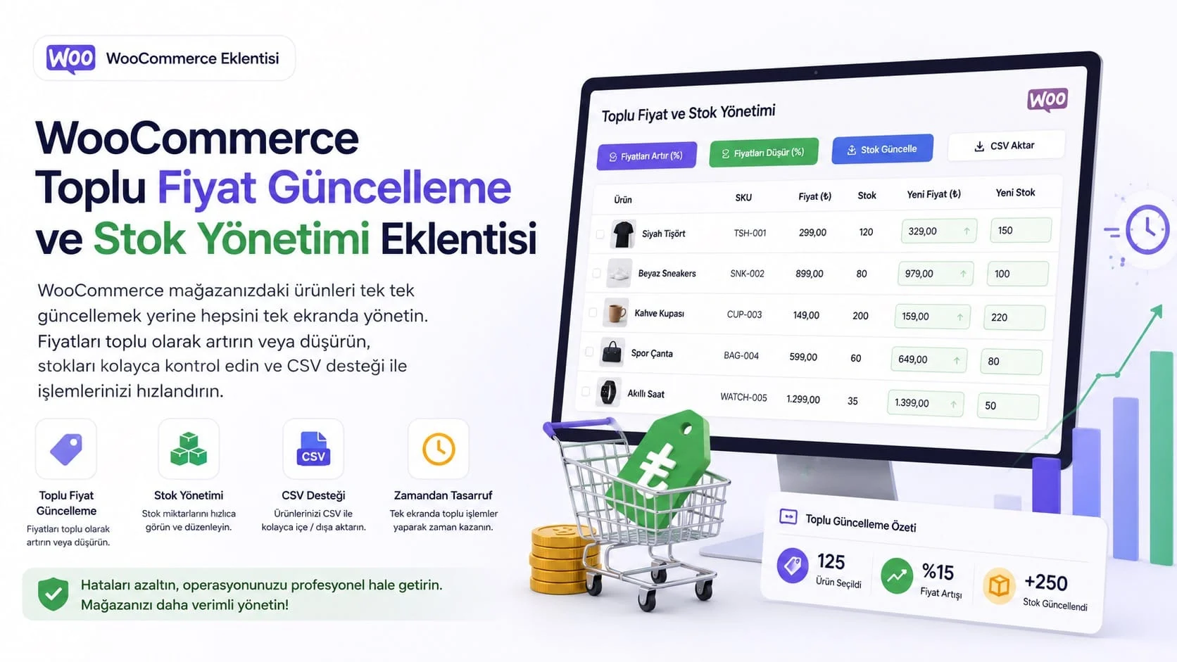 WooCommerce mağazanızdaki ürün fiyatlarını ve stoklarını tek ekrandan yönetin. Toplu fiyat güncelleme, stok düzenleme, CSV içe/dışa aktarma ve hızlı ürün yönetimi özellikleriyle mağazanızı profesyonel hale getirin.