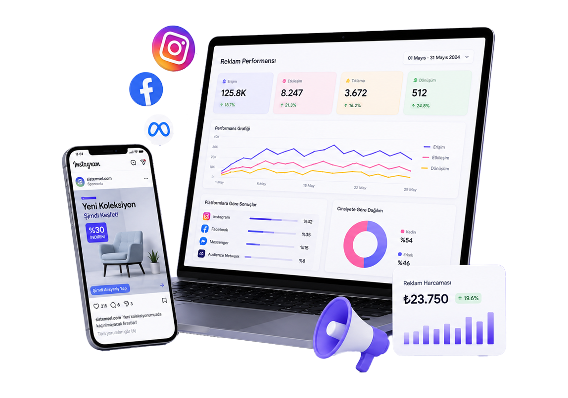 Instagram, Facebook ve Meta reklam çözümleriyle marka bilinirliğinizi artırın, hedef kitlenize ulaşın ve dönüşümlerinizi yükseltin.
