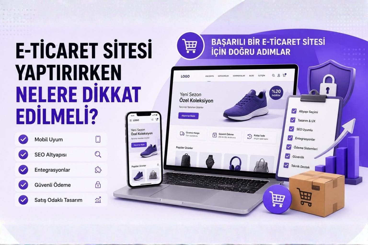 E-ticaret sitesi yaptırmak yalnızca bir web sitesi kurmak değildir. Doğru altyapı seçimi, mobil uyumluluk, entegrasyonlar, SEO hazırlığı, ödeme sistemleri ve kullanıcı deneyimi gibi birçok faktör satış başarısını etkiler.