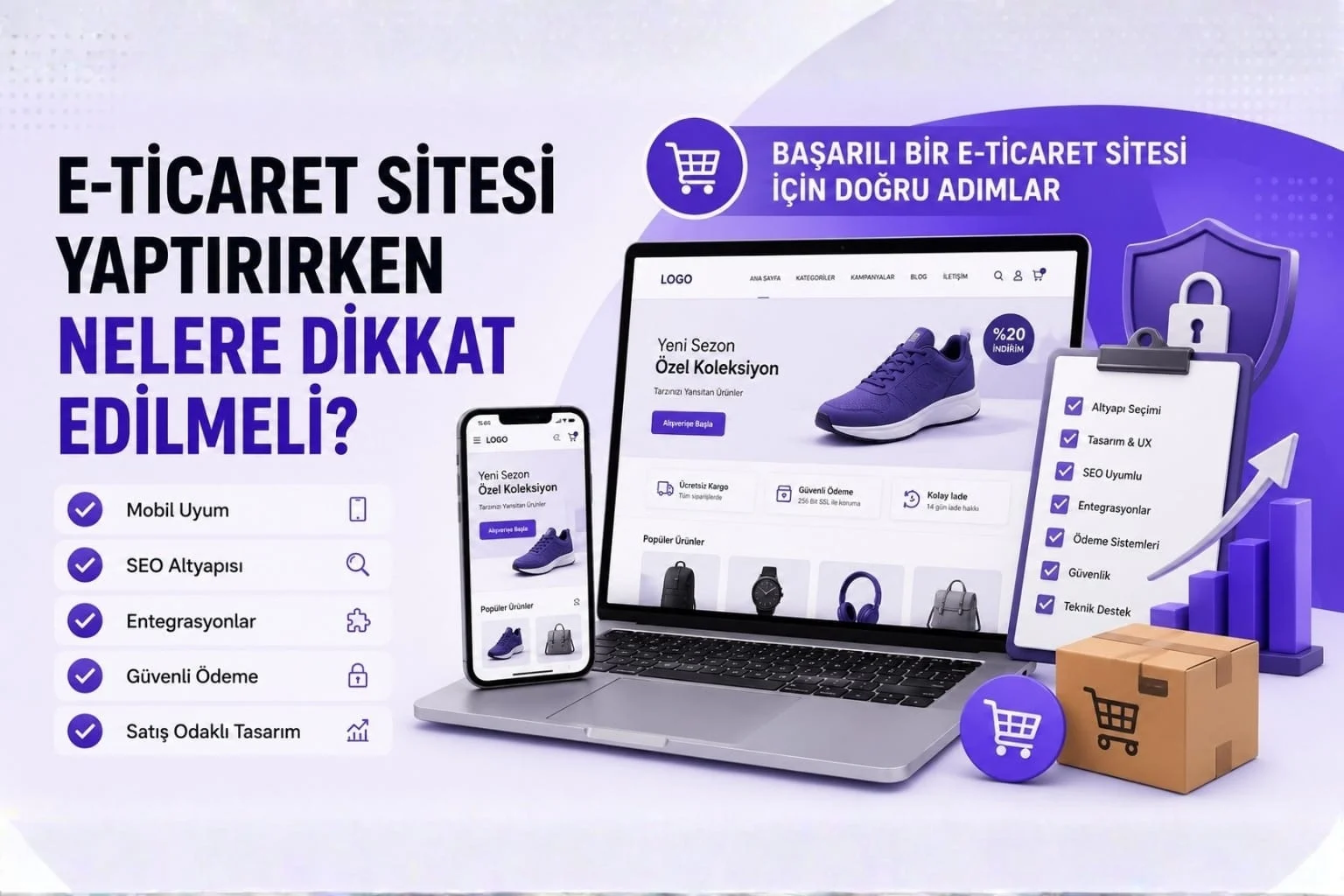 E-ticaret sitesi yaptırmak yalnızca bir web sitesi kurmak değildir. Doğru altyapı seçimi, mobil uyumluluk, entegrasyonlar, SEO hazırlığı, ödeme sistemleri ve kullanıcı deneyimi gibi birçok faktör satış başarısını etkiler.